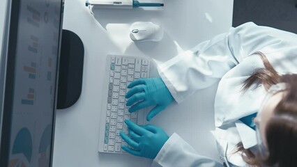 Poster - An online scientist enters data into the Internet at his workplace in his laboratory. A doctor works in a hospital at a computer, typing on a keyboard. Statistics Data Analysis, Research Experiment