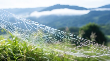 Wall Mural - a close up of a spider web in a field of grass with mountains in the back ground and clouds in the s