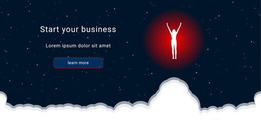 Poster - Business startup concept Landing page screen. The woman stretches symbol on the right is highlighted in bright red. Vector illustration on dark blue background with stars and curly clouds from below
