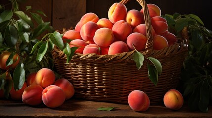 Wall Mural -  a basket of peaches sitting on a table next to a bushel of leaves and a bushel of peaches.