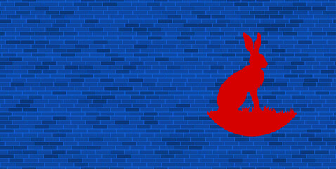 Wall Mural - Blue Brick Wall with large red hare symbol. The symbol is located on the right, on the left there is empty space for your content. Vector illustration on blue background