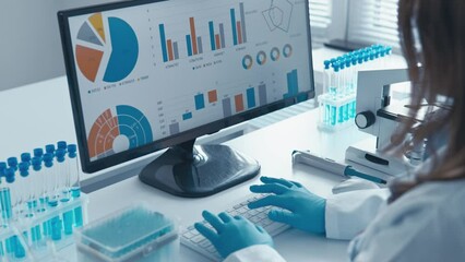 Aufkleber - In a clinical research lab, where tests are performed to improve diagnostic methods, a medical scientist works at a computer, focused on discovering new treatment approaches. Under the microscope, she