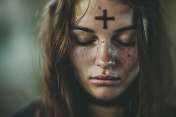 Wall Mural - The symbol of a cross made of ashes on praying woman's forehead for Ash Wednesday