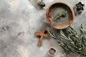 Wall Mural - Christian cross and ash as symbol of religion, sacrifice, redemption of Jesus Christ. Ash Wednesday concept