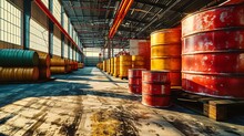 Barrel Container. Industrial Warehouse. Barrels For Chemical Products. Fuel Storage. Pallets With Barrels In Hangar. Logistic Warehouse Chemical Products