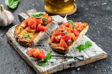 Wall Mural - Spanish breakfast with toast of bread with oil and tomato. banner, menu, recipe place for text, top view