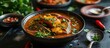 Bengali-style fish curry served on a dark surface, representing Asian cuisine.