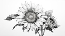  A Black And White Drawing Of A Sunflower With Leaves On It's Stem And A Bee On It's Head.