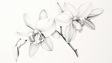  A Black And White Drawing Of Two Orchids On A White Background, One Of The Flowers Is Large And The Other Is Small.