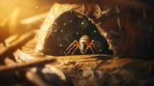  A Close Up Of A Spider On A Rock With A Light Shining On It's Back And A Cave In The Background.