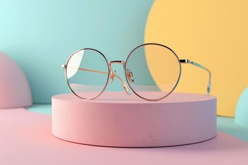 Wall Mural - Stylish eyeglasses presented on minimal pastel podium