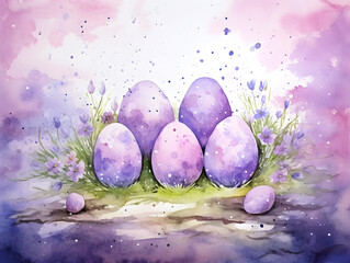 Wall Mural - Abstract purple watercolor illustratration background with easter eggs 