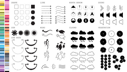 architecture site analysis symbol icon element drawing graphic flat isolated vector. architecture element line sun wind sound sun path vegetation. 