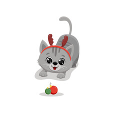 Wall Mural - Cute grey cartoon cat looking at christmas balls isolated on a white background. Christmas Vector illustration