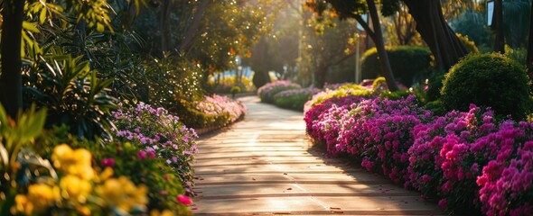 a pathway leads through a flower garden