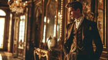 Male Model As A Gilded Age Industrialist In A Lavish Mansion, Opulence And History.