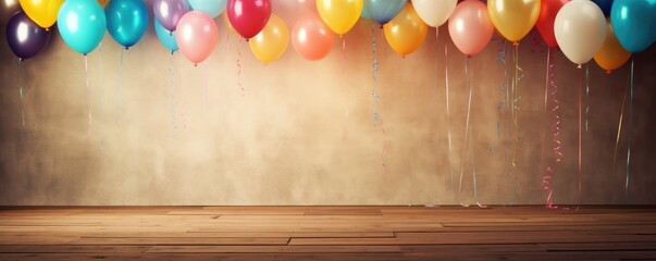 Celebration birthday party balloons on wood table. Banner. Copy space. Generative ai