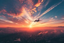 Glittering Civilian Aircraft Flying Over An Urban Landscape Leaves A Trail Of Condensation And An Impression Of Freedom In The Sky During The Beginning Of A Wonderful Sunset