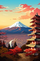 Wall Mural - Illustration japan temple or Chureito pagoda and fuji mountains in the backround. Generative ai