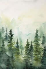 Wall Mural - foggy pine forest. watercolor painting. vertical nature background. printable artwork. generative ai