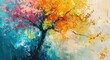 an abstract painting of a colorful tree and leaves