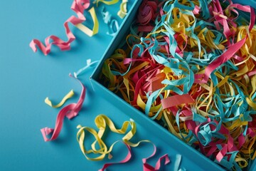 blue background and paper streamers in a box.