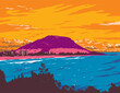 WPA poster art of a white sand surf beach at dusk in Mount Maunganui located in Tauranga, Bay of Plenty, New Zealand done in works project administration or federal art project style.