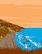 Art Deco or WPA poster of surf beach at Muriwai Beach in Muriwai Regional Park on the west coast of the Auckland Region in the North Island of New Zealand done in works project administration style.
