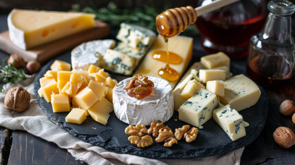 Delicious cheese slices from different types on the festive serving table. The concept of catering.