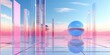 Abstract geometric scene of glassy geometrical objects. Vibrant stage backdrops, light sky-blue and pink reflections