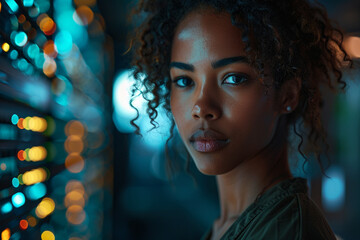 A skilled black female developer leads AI cybersecurity in an innovative office, managing databases, networks, and cloud services for online solutions