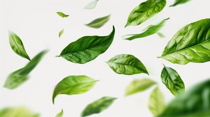 Green flying leaves isolated on white background. Fresh tea, air purifier, organic, vegan, eco or beauty product concept design banner