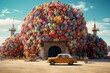 A vehicle parked near a massive structure adorned with balloons. Generative AI