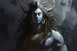 Digital fantasy illustration of a blue-skinned deity with horns and gold jewelry, suitable for fantasy or mythology themes. God Shiva. Hindu deity.