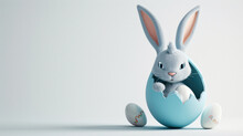 Cartoon Cute Bunny Sitting In Blue Easter Egg On White Background, Banner With Copy Space. Ideal For Easter Or Spring-themed Content.