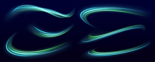 Fototapete - Futuristic dynamic motion technology. Neon color glowing lines background, high-speed light trails effect. Light and stripes moving fast over dark background.