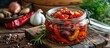 Preserved sausages with onion and red pepper. Marinated in a jar.
