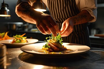 Wall Mural - A chef preparing a delicious dish in a fine restaurant.