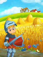 Wall Mural - cartoon scene with beautiful rural brick house in the farm field near meadow knight prince illustration for children