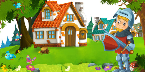 Wall Mural - cartoon scene with beautiful rural brick house in the forest on the meadow knight prince illustration for children