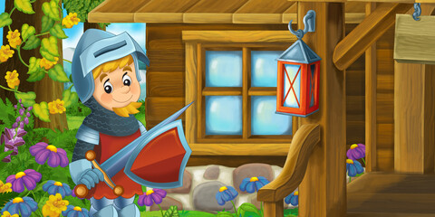 Wall Mural - cartoon scene with farm ranch medieval house with rural elements knight prince illustration for children