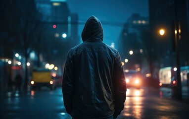 Solitude in the City: A Lone Figure Against the Urban Nightscape Wearing A Hoodie 