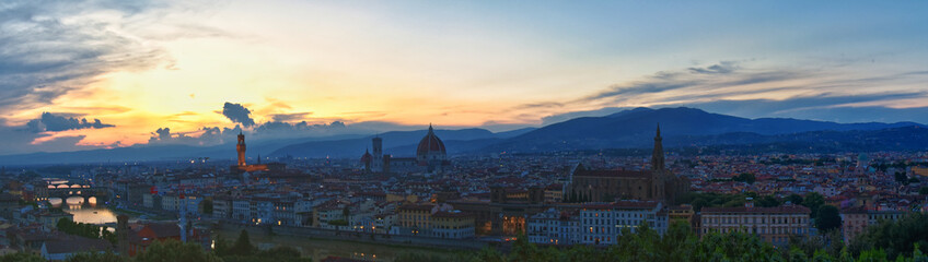 Florence from Piazzale Michelangelo at sunset, capital of Italy’s Tuscany region, Duomo, Ponte Vecchio River Arno Renaissance center for art and architecture, Italy. Europe.