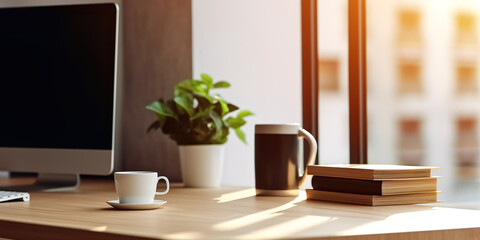 Desk with computer part, books, plant and office supplies