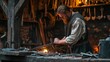 Viking blacksmith sharpening metal weapons on a workbench. Historical and strict atmosphere. Act of sharpening metal weapons