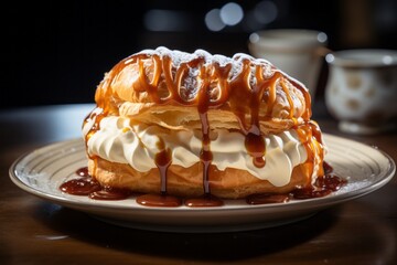 Wall Mural - Appetizing chocolate eclair. Traditional American cuisine. Popular authentic desserts. Background with selective focus