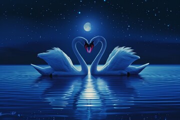 Two swans form a heart. Backdrop with selective focus and copy space