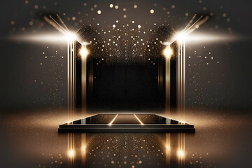 Creative black dance floor stage, empty podium, black gold background with lights and bokeh. Minimalism, product