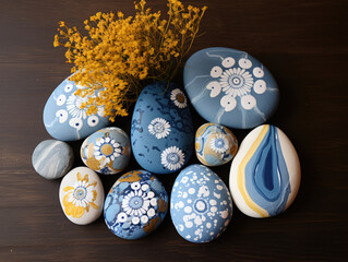 Wall Mural - A bunch of painted rocks sitting on top of a table, ornate mandalas painted on smooth stones