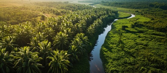 Poster - Bird's-eye perspective - Palm oil farm with a river weaving through.
